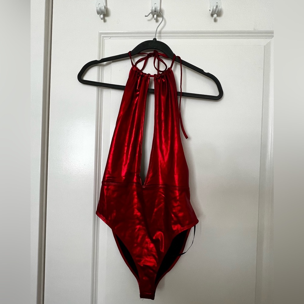 F21 Metallic Red halter bodysuit (low V-cut)